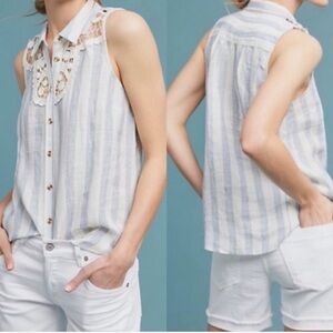 Maeve Linen Striped Sleeveless Top with Lace Detail